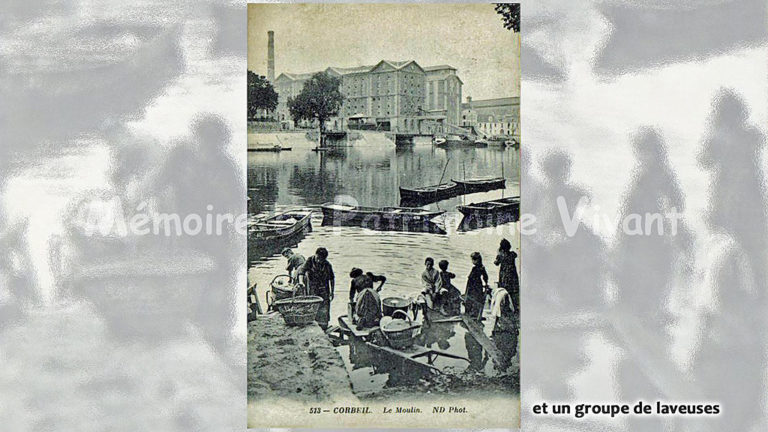 Un groupe de laveuses devant le moulin à Corbeil - Seine-et-Oise